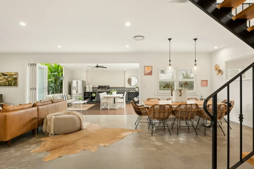 Open-plan kitchen and living area inside Queenslander
